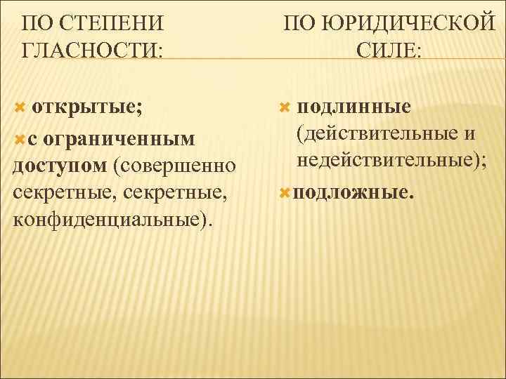 ПО СТЕПЕНИ ГЛАСНОСТИ: ПО ЮРИДИЧЕСКОЙ СИЛЕ: открытые; подлинные с (действительные и недействительные); подложные. ограниченным