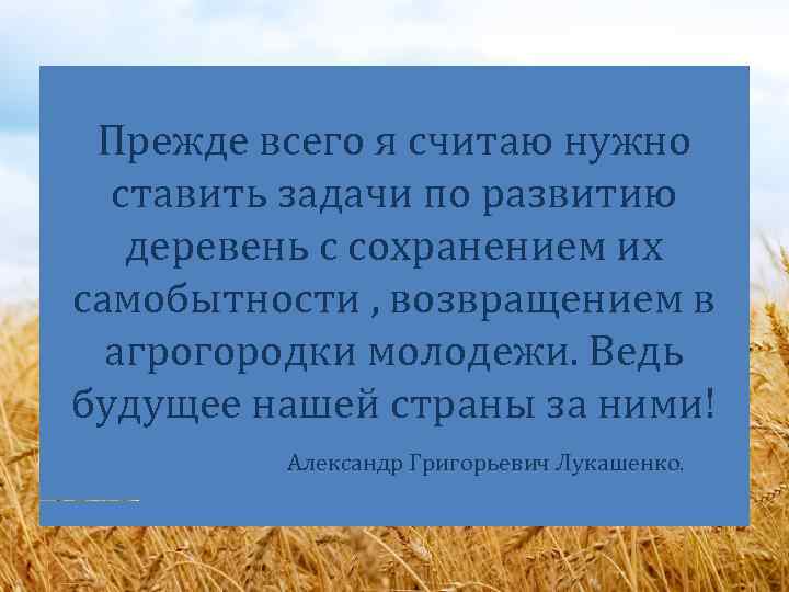 Прежде всего я считаю нужно ставить задачи по развитию деревень с сохранением их самобытности