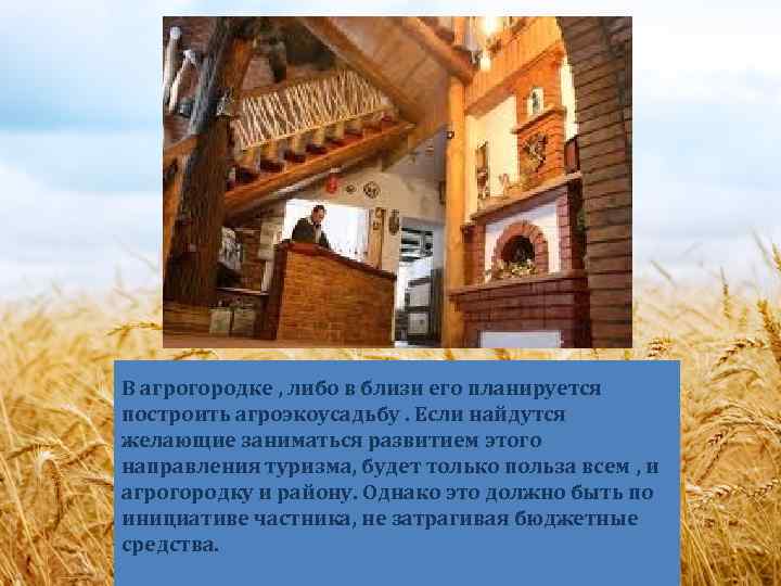 В агрогородке , либо в близи его планируется построить агроэкоусадьбу. Если найдутся желающие заниматься