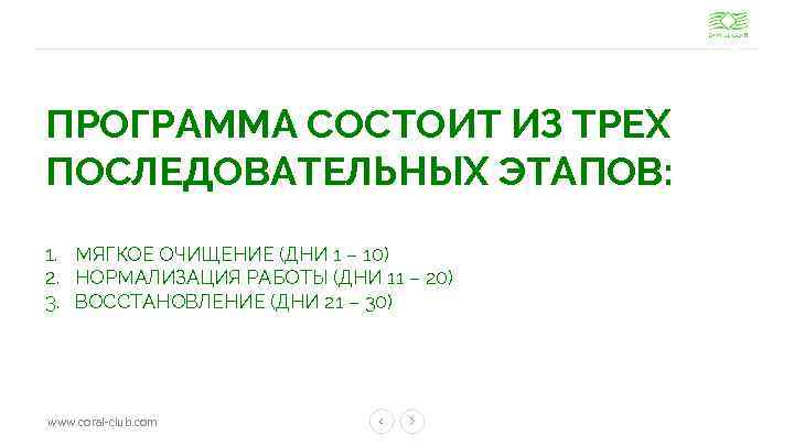 ПРОГРАММА СОСТОИТ ИЗ ТРЕХ ПОСЛЕДОВАТЕЛЬНЫХ ЭТАПОВ: 1. МЯГКОЕ ОЧИЩЕНИЕ (ДНИ 1 – 10) 2.