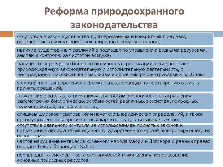 Реформа природоохранного законодательства отсутствие в законодательстве долговременных и конкретных программ, нацеленных на сохранение всех