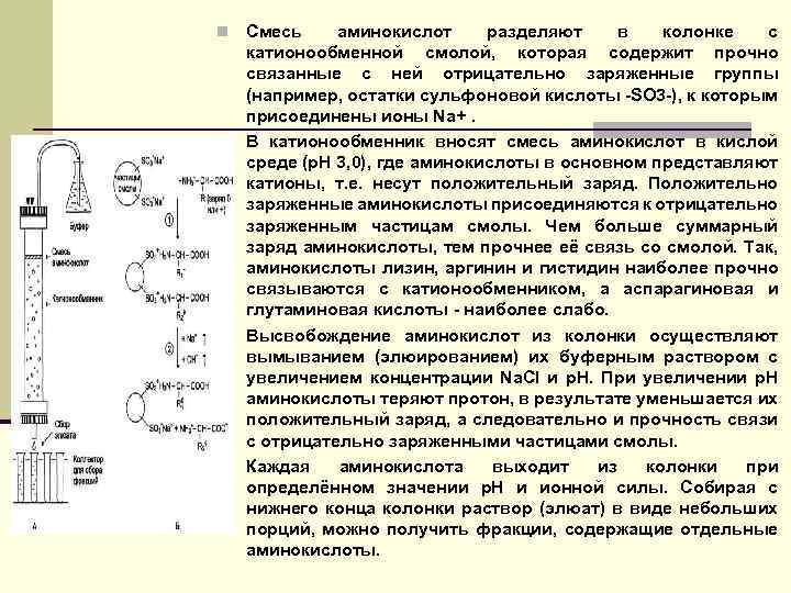 Смесь аминокислот разделяют в колонке с катионообменной смолой, которая содержит прочно связанные с ней