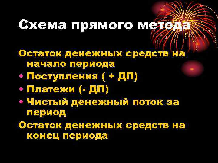 Схема прямого метода Остаток денежных средств на начало периода • Поступления ( + ДП)
