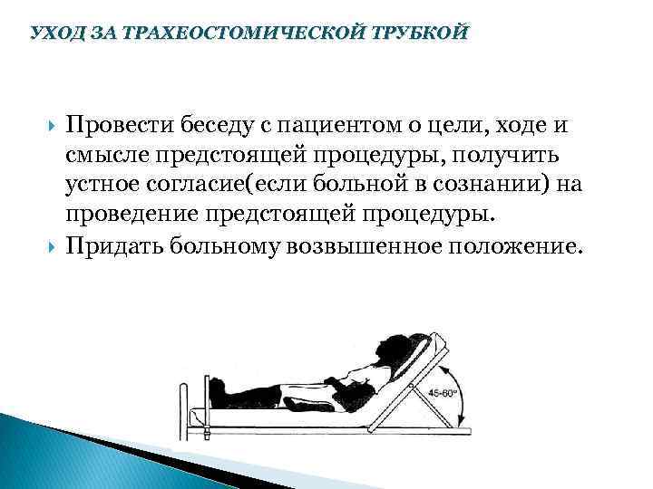 УХОД ЗА ТРАХЕОСТОМИЧЕСКОЙ ТРУБКОЙ Провести беседу с пациентом о цели, ходе и смысле предстоящей