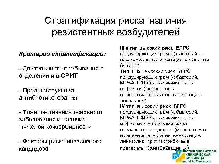 Стратификация риска наличия резистентных возбудителей Критерии стратификации: - Длительность пребывания в отделении и в