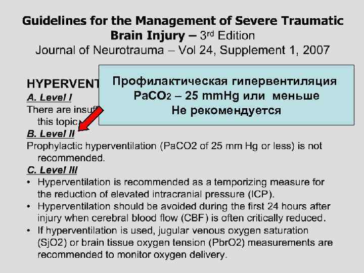 Профилактическая гипервентиляция Ра. СО 2 – 25 mm. Hg или меньше Не рекомендуется 