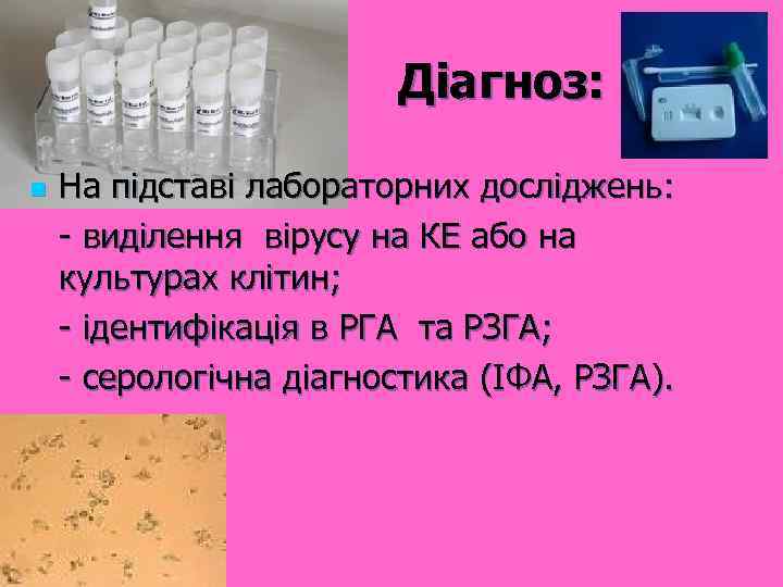 Діагноз: n На підставі лабораторних досліджень: - виділення вірусу на КЕ або на культурах