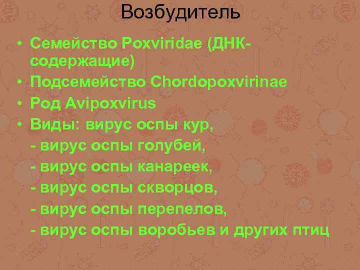 Возбудитель • Семейство Poxviridae (ДНКсодержащие) • Подсемейство Chordopoxvirinae • Род Avipоxvirus • Виды: вирус