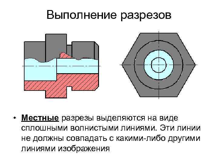 Выполнение разрезов • Местные pазpезы выделяются на виде сплошными волнистыми линиями. Эти линии не