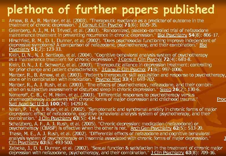 plethora of further papers published ³ Arnow, B. A. , R. Manber, et al.