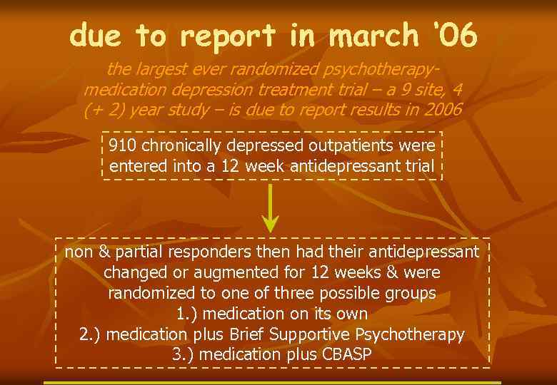 due to report in march ‘ 06 the largest ever randomized psychotherapymedication depression treatment