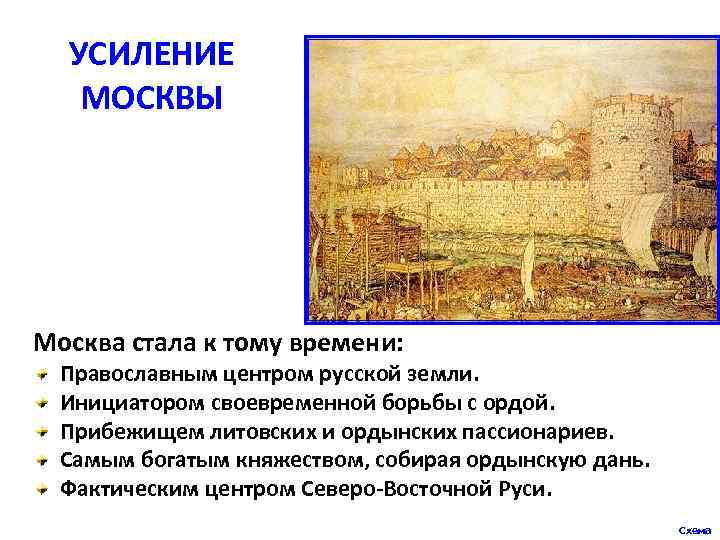 УСИЛЕНИЕ МОСКВЫ Москва стала к тому времени: Православным центром русской земли. Инициатором своевременной борьбы