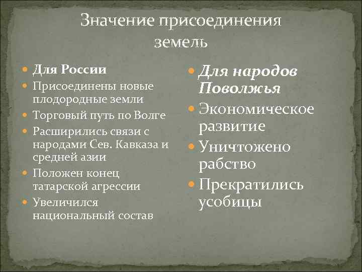 Значение присоединения земель Для России Присоединены новые плодородные земли Торговый путь по Волге Расширились