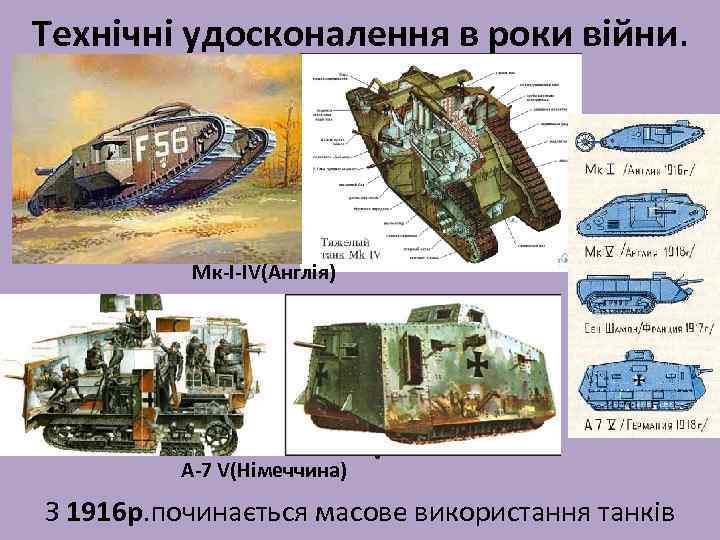 Технічні удосконалення в роки війни. Мк-I-IV(Англія) A-7 V(Німеччина) . З 1916 р. починається масове