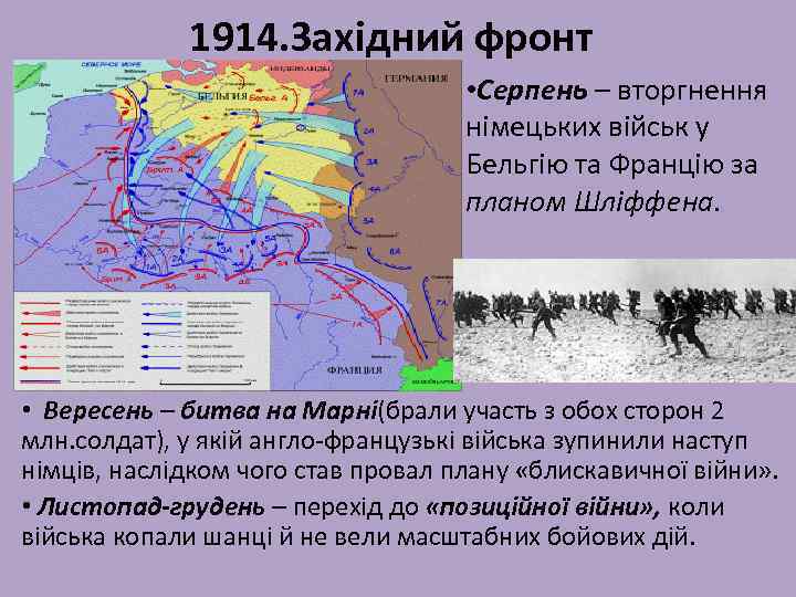 1914. Західний фронт • Серпень – вторгнення німецьких військ у Бельгію та Францію за