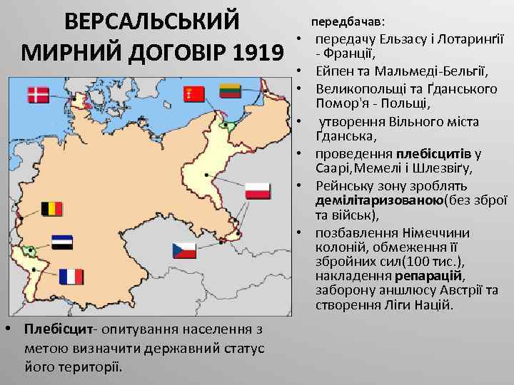 ВЕРСАЛЬСЬКИЙ МИРНИЙ ДОГОВІР 1919 • Плебісцит- опитування населення з метою визначити державний статус його