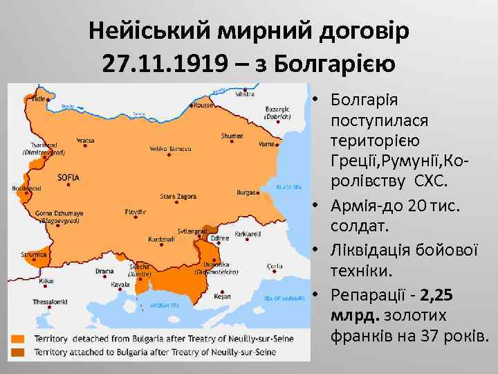 Нейіський мирний договір 27. 11. 1919 – з Болгарією • Болгарія поступилася територією Греції,