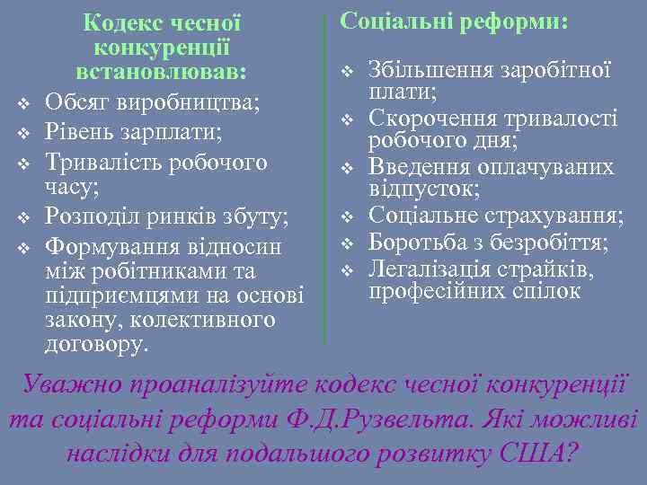 v v v Кодекс чесної конкуренції встановлював: Обсяг виробництва; Рівень зарплати; Тривалість робочого часу;