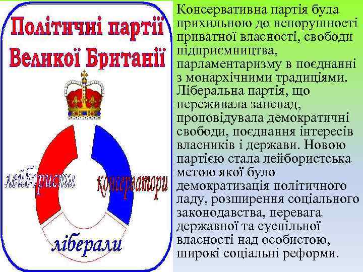 Консервативна партія була прихильною до непорушності приватної власності, свободи підприємництва, парламентаризму в поєднанні з