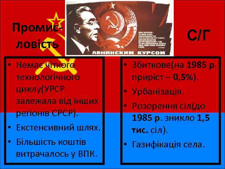 Промисловість • Немає чіткого технологічного циклу(УРСР залежала від інших регіонів СРСР). • Екстенсивний шлях.