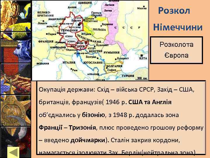 Розкол Німеччини Розколота Європа Окупація держави: Схід – війська СРСР, Захід – США, британців,