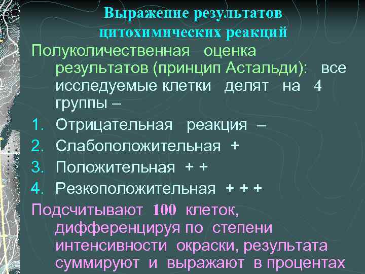 Выражение результатов цитохимических реакций Полуколичественная оценка результатов (принцип Астальди): все исследуемые клетки делят на