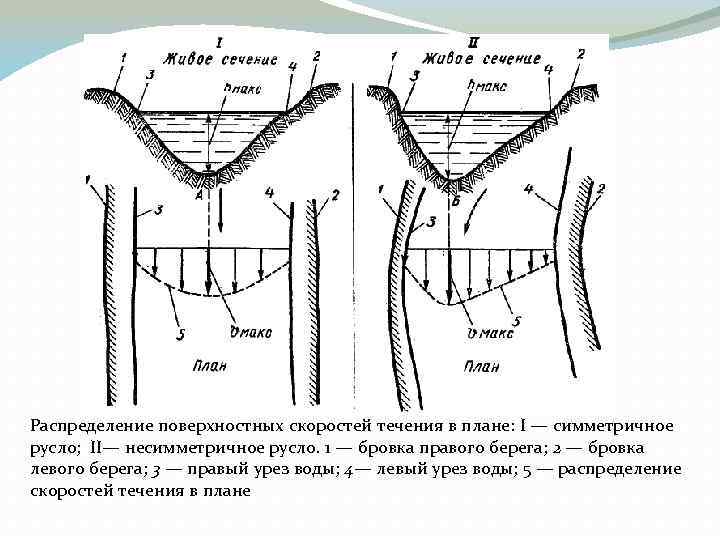 Распределение поверхностных скоростей течения в плане: I — симметричное русло; II— несимметричное русло. 1
