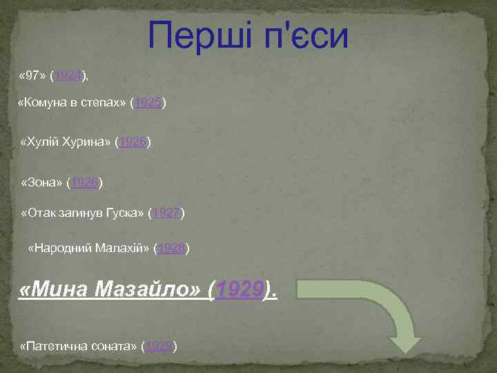 Перші п'єси « 97» (1924), «Комуна в степах» (1925) «Хулій Хурина» (1926) «Зона» (1926)