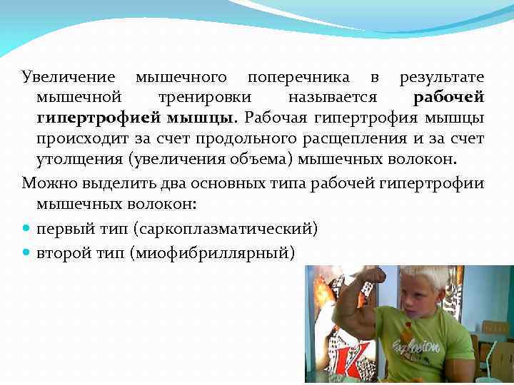 Увеличение мышечного поперечника в результате мышечной тренировки называется рабочей гипертрофией мышцы. Рабочая гипертрофия мышцы