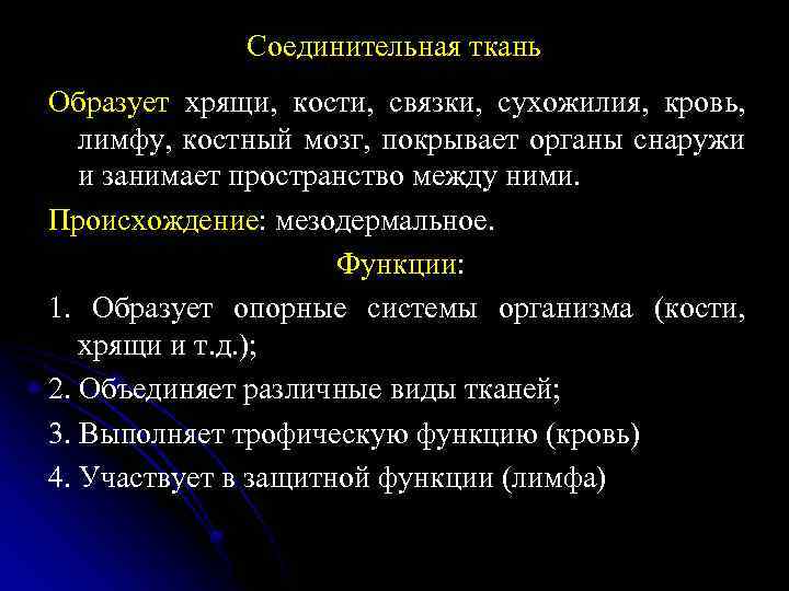 Соединительная ткань Образует хрящи, кости, связки, сухожилия, кровь, лимфу, костный мозг, покрывает органы снаружи