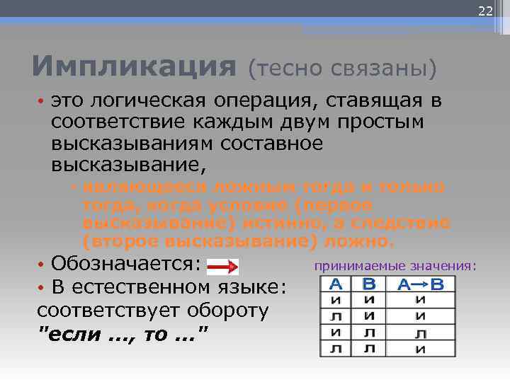 Логические операции ставящая в соответствие. Импликация. Операция импликация. Импликация в информатике. Информатика следование импликация.