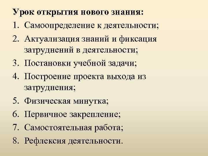 Урок открытия нового знания: 1. Самоопределение к деятельности; 2. Актуализация знаний и фиксация затруднений