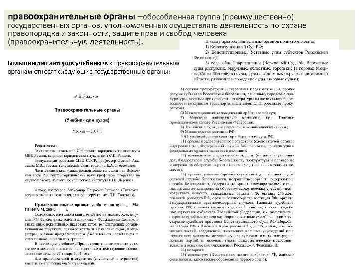 правоохранительные органы –обособленная группа (преимущественно) государственных органов, уполномоченных осуществлять деятельность по охране правопорядка и