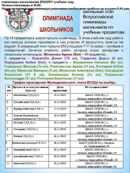 олимпиады школьниковв 2016/2017 учебном году. Начало олимпиады в 10. 00. Закончился На месте проведения