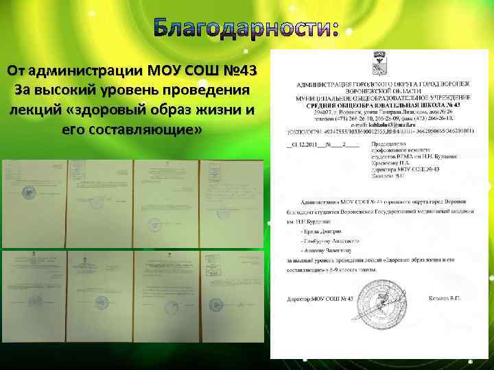 От администрации МОУ СОШ № 43 За высокий уровень проведения лекций «здоровый образ жизни