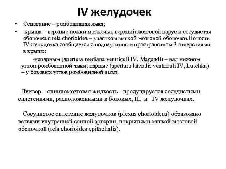 IV желудочек • • Основание – ромбовидная ямка; крыша – верхние ножки мозжечка, верхний