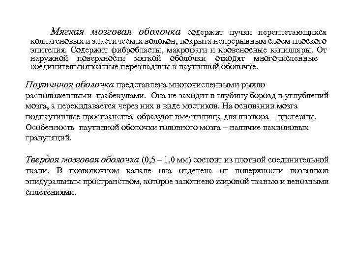 Мягкая мозговая оболочка содержит пучки переплетающихся коллагеновых и эластических волокон, покрыта непрерывным слоем плоского