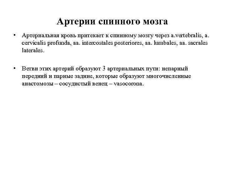 Артерии спинного мозга • Артериальная кровь притекает к спинному мозгу через a. vertebralis, a.