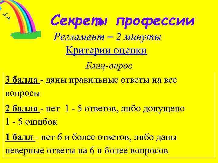 Секреты профессии. Регламент – 2 минуты Критерии оценки Блиц-опрос 3 балла - даны правильные