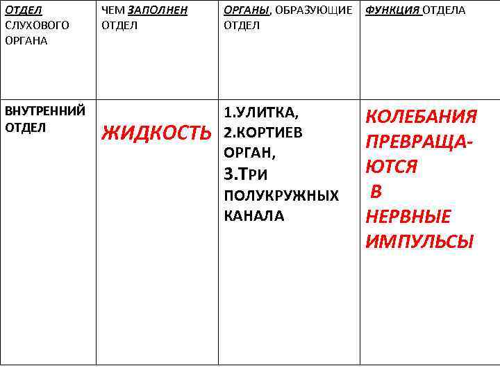 ОТДЕЛ СЛУХОВОГО ОРГАНА ВНУТРЕННИЙ ОТДЕЛ ЧЕМ ЗАПОЛНЕН ОТДЕЛ ЖИДКОСТЬ ОРГАНЫ, ОБРАЗУЮЩИЕ ОТДЕЛ ФУНКЦИЯ ОТДЕЛА