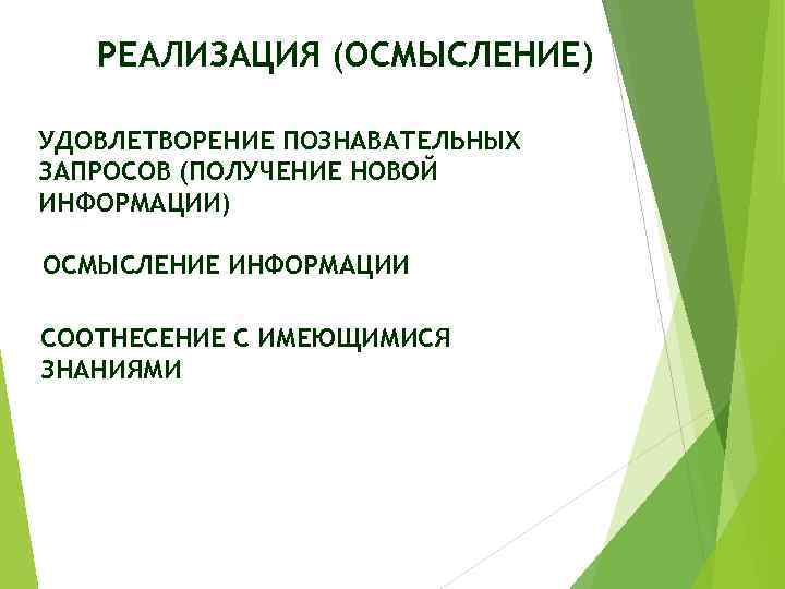 РЕАЛИЗАЦИЯ (ОСМЫСЛЕНИЕ) УДОВЛЕТВОРЕНИЕ ПОЗНАВАТЕЛЬНЫХ ЗАПРОСОВ (ПОЛУЧЕНИЕ НОВОЙ ИНФОРМАЦИИ) ОСМЫСЛЕНИЕ ИНФОРМАЦИИ СООТНЕСЕНИЕ С ИМЕЮЩИМИСЯ ЗНАНИЯМИ