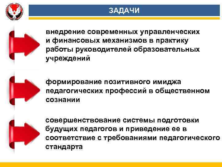 ЗАДАЧИ внедрение современных управленческих и финансовых механизмов в практику работы руководителей образовательных учреждений формирование