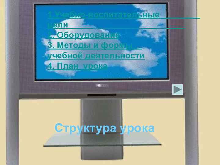 1. Учебно-воспитательные цели 2. Оборудование 3. Методы и формы учебной деятельности 4. План урока