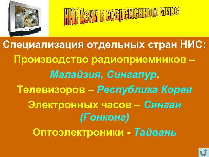 Специализация отдельных стран НИС: Производство радиоприемников – Малайзия, Сингапур. Телевизоров – Республика Корея Электронных