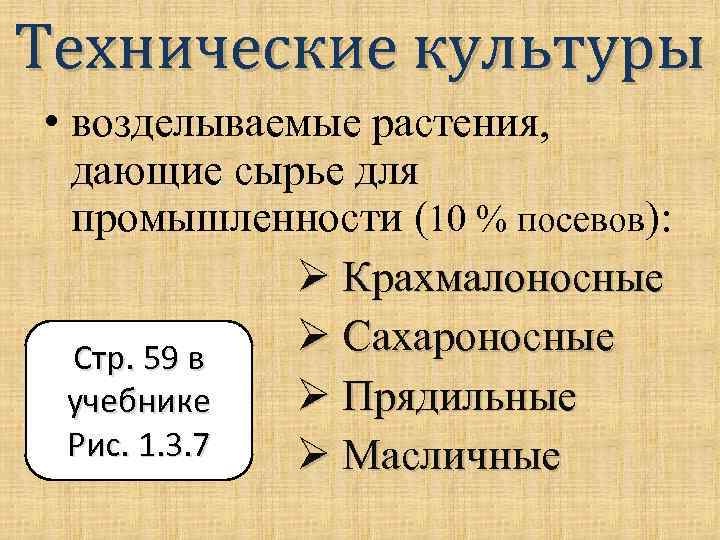 Технические культуры • возделываемые растения, дающие сырье для промышленности (10 % посевов): Ø Крахмалоносные