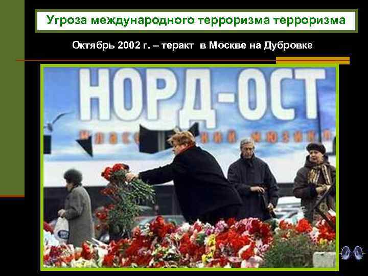 Угроза международного терроризма Октябрь 2002 г. – теракт в Москве на Дубровке 