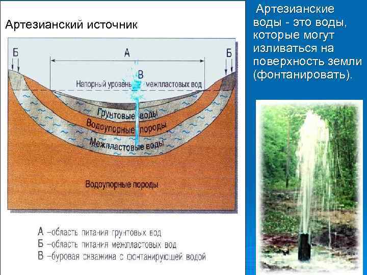 Артезианский источник Артезианские воды - это воды, которые могут изливаться на поверхность земли (фонтанировать).