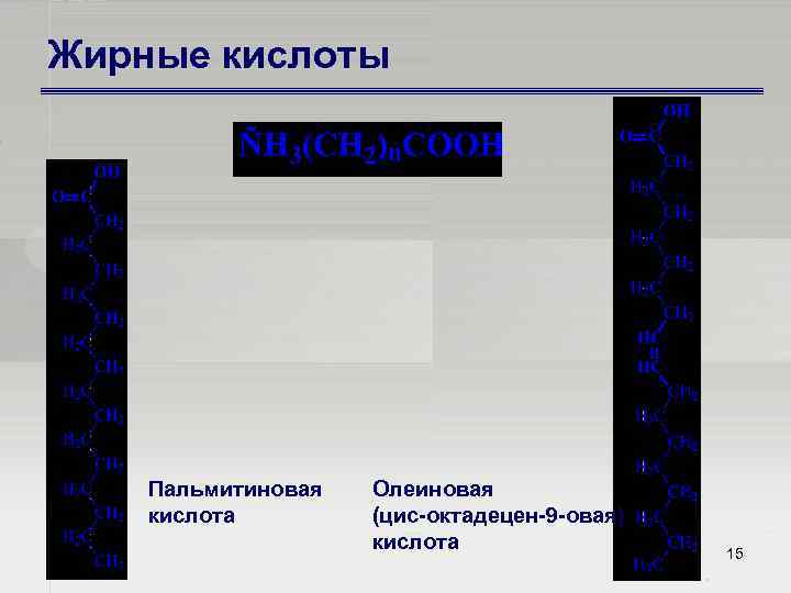Жирные кислоты Пальмитиновая кислота Олеиновая (цис октадецен 9 овая) кислота 15 