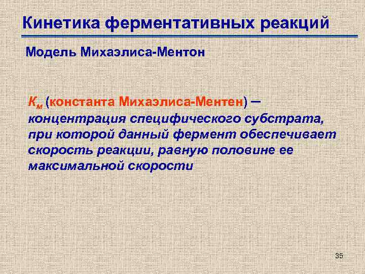 Кинетика ферментативных реакций Модель Михаэлиса-Ментон Км (константа Михаэлиса-Ментен) – концентрация специфического субстрата, при которой