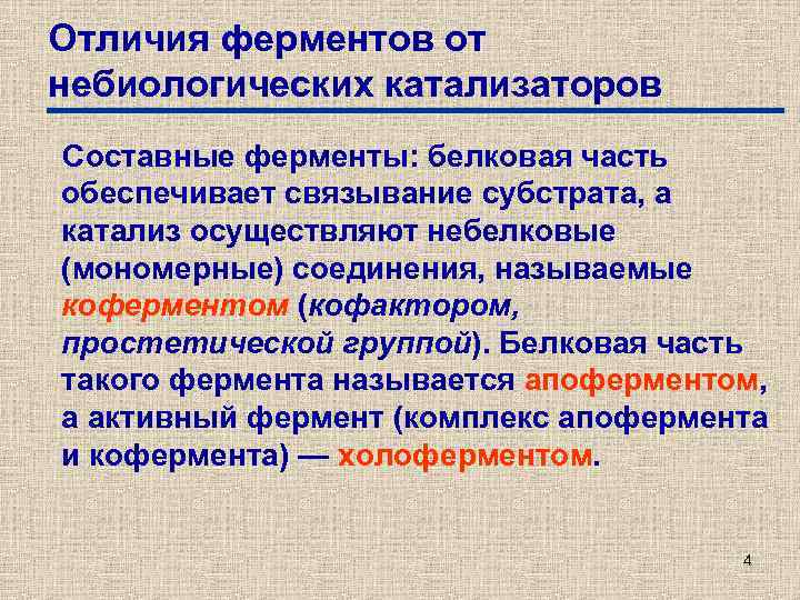 Отличия ферментов от небиологических катализаторов Составные ферменты: белковая часть обеспечивает связывание субстрата, а катализ